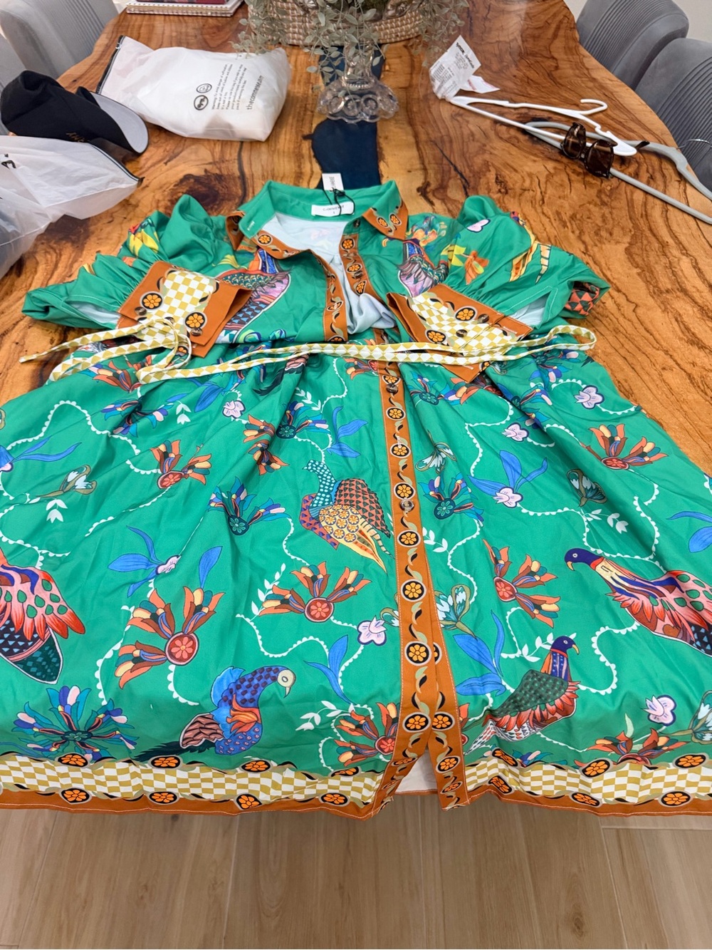 COMMENSE Women Green Parrot-Print Kids Dress w Tie Waste - Size S - NWT